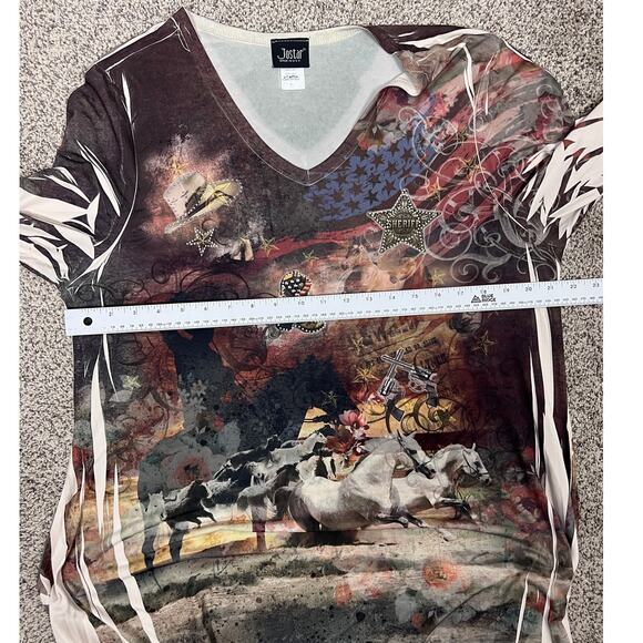 Jostar USA Women's L Western Cowboy Grunge Y2K Graphic Print Sharkbite Hem Tunic - Picture 8 of 10